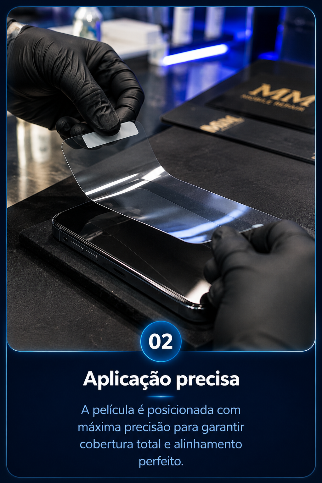 Aplicação precisa da película no telefone